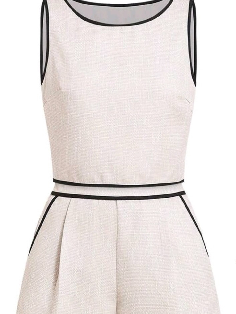 Sleeveless Cream Textured Short Set with Black Piping